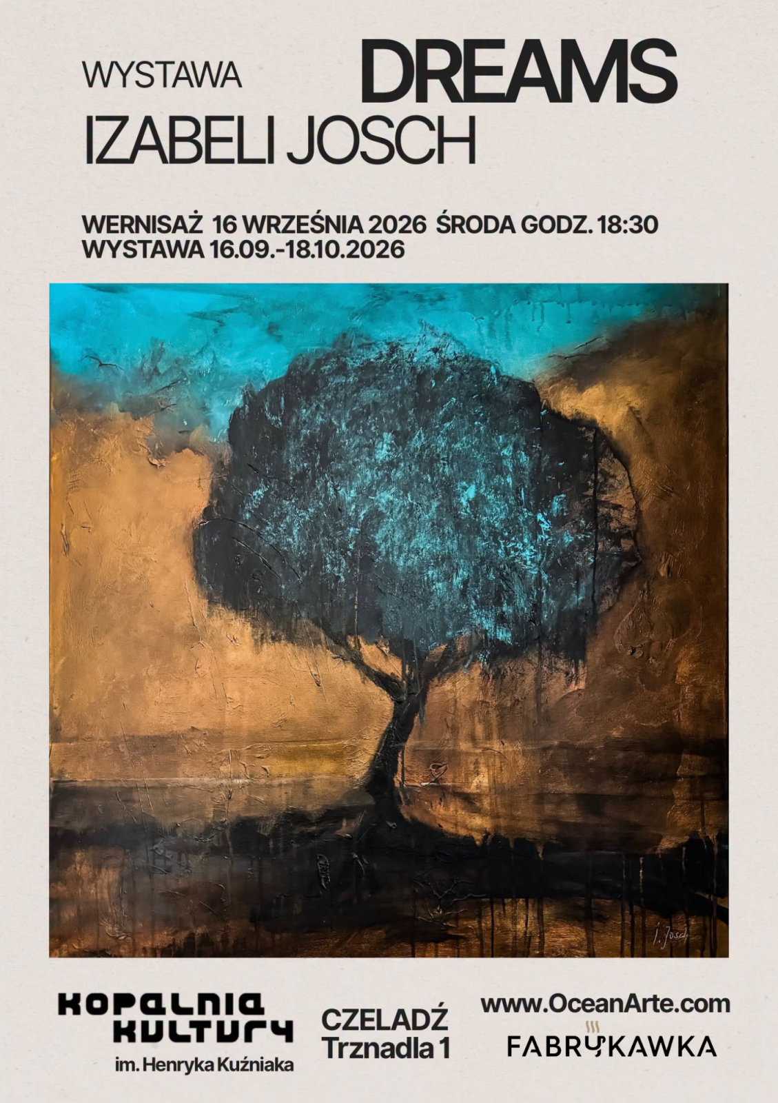 plakat z obrazem izabeli josh ukazującym czarne drzewo na złoto niebieskim tle